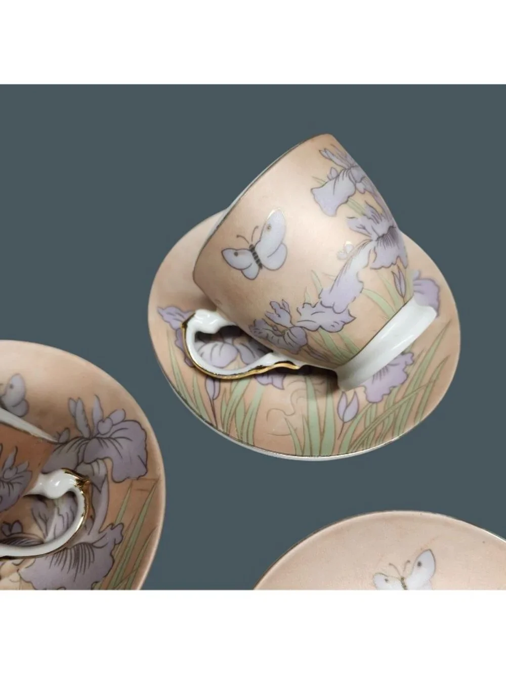 Demitasse Cups & Saucers Espresso Pink Purple Irises Butterflies 4 Sets